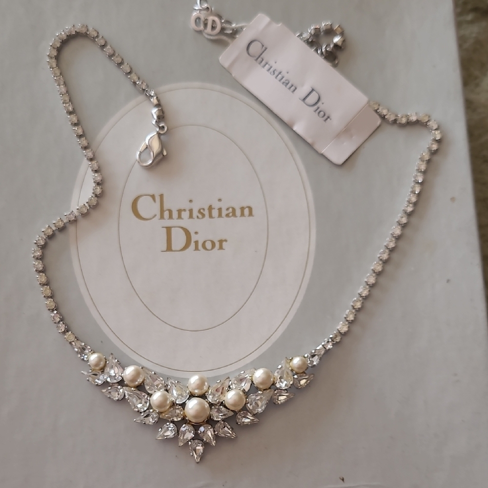 Vintage Dior Pearl & Crystal Statement Necklace - Silver